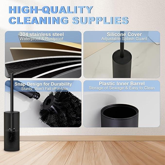 Toilet Brush and Holder Set, NEWRAIN 304 Stainless Steel Toilet Brush with Long Brush Handle, Matte Black Toilet Scrubber and Covered Holder, Round Design Sturdy and Space Saving, Covered Brush - ModernBath