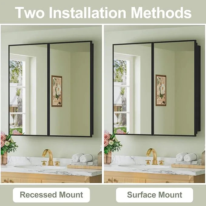 Buruis 30" x 30" Framed Medicine Cabinet with Mirror, Recessed or Wall Mounted Bathroom Cabinet, Adjustable Tempered Glass Shelves, Left/Right Open Reversible, No Assembly Required, Black - ModernBath