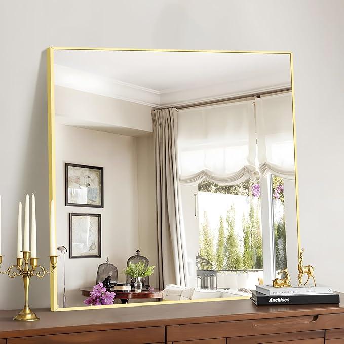 COFENY Gold Bathroom Mirror for Wall, 30x30 Inch Rectangle Mirrors with Metal Frame, Modern Vanity Wall Mirror Decor for Bathroom Living Room, Entryway Hangs Horizontal or Vertical - ModernBath