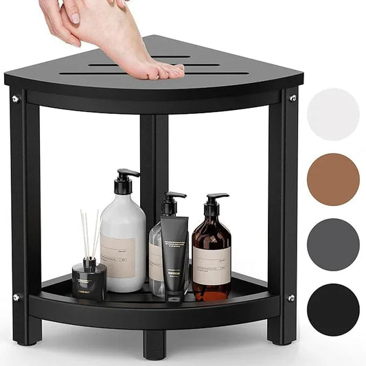 ONSGLM Shower Stool - Corner Bench Seat with HDPE Waterproof Shaving Legs, Baffle Storage Shelf, Indoor/Outdoor Use, Black - ModernBath