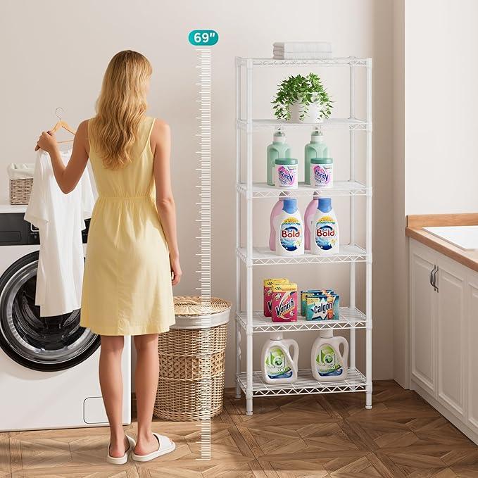 SINGAYE 6 Tier Shelf Adjustable Storage Wire Shelving Unit Metal Shelves Standing Closet Bathroom Organizers Pantry Kitchen Garage Laundry Room Organization Home Rack 12" D X 22" W X 69.5" H White - ModernBath