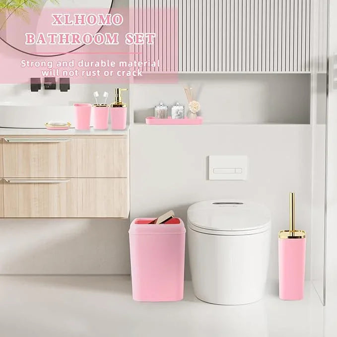 XLHOMO Pink Bathroom Accessories Set, Pink and Gold Bathroom Accessories with Trash Can, Soap Dispenser, Soap Dish, Toothbrush Holder and Q-tip Holders - ModernBath