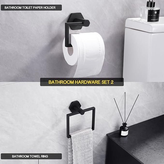 GERZWY Bathroom 2-Piece Accessory Set SUS 304 Stainless Steel Toilet Paper Holder Towel Ring Wall Mount, Matte Black - ModernBath