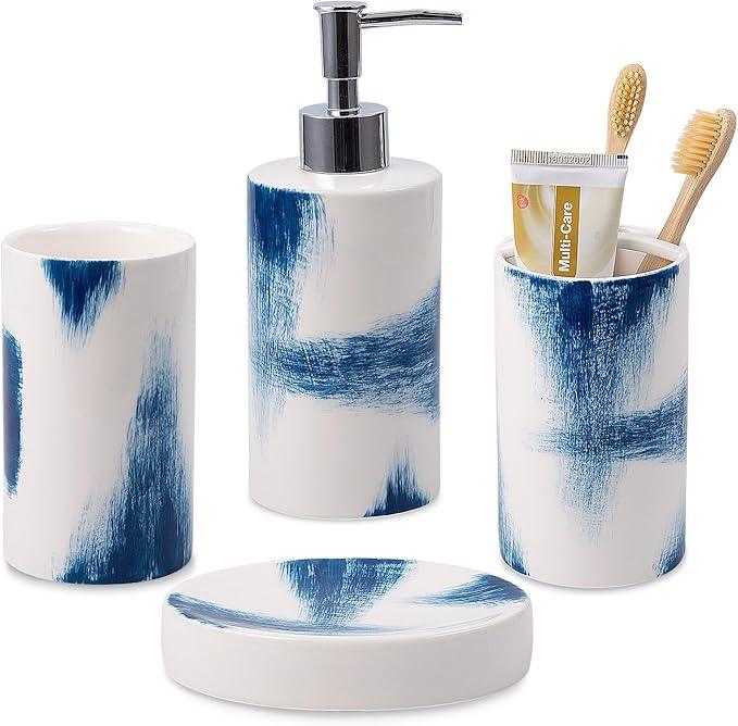 4 Piece Painted Ceramic Bathroom Accessory Set, Includes Soap Dispenser Pump, Toothbrush Holder, Tumbler, Soap Dish Sanitary, Ideas Home Gift for Ware Home Decor Bath(Blue & White) - ModernBath