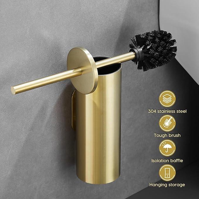 Gold Brushed Stainless Steel Toilet Brush and Cover, No-Punch Hook Base Dual Purpose Toilet Brush Holder with Removable Inner Bucket and Splash Cover - Soft Bristles (Brushed Gold) - ModernBath