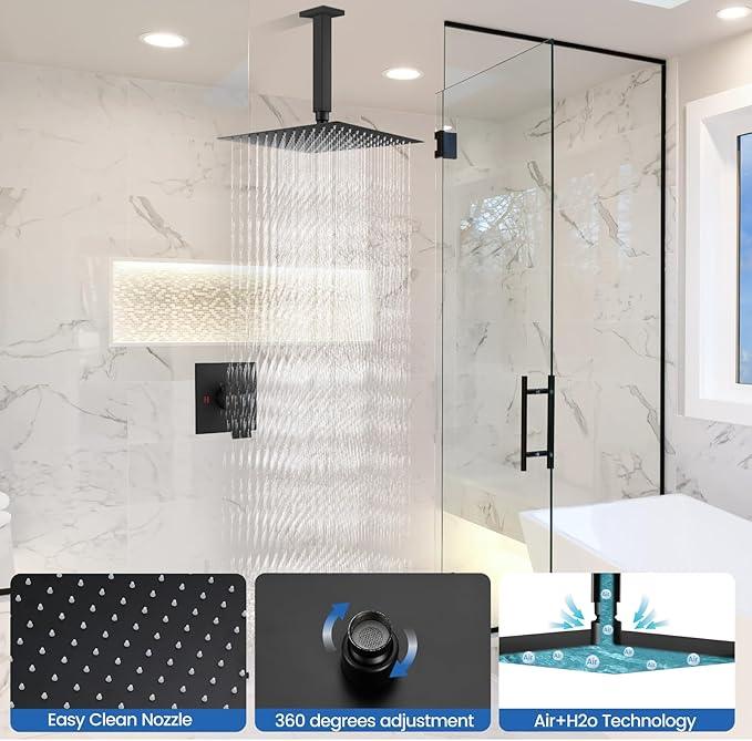 Airuida Shower Faucet Set and Handle Set Single Function Shower Trim Kit Ceiling Mount Rainfall Shower System with Male Threads and Rough-in Valve 12 Inch Square Shower Head Matte Black - ModernBath