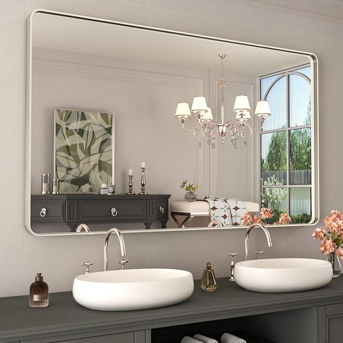WEER 50X30 Inch Brushed Nickel Bathroom Mirror, Brushed Silver Metal Frame Mirror, Rounded Rectangle Silver Bathroom Vanity Mirror, Tempered Glass, Anti-Rust, Hangs Horizontally or Vertically - ModernBath