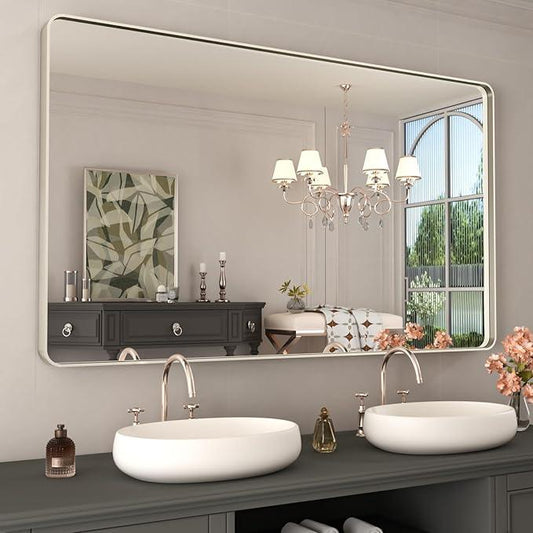 WEER 50X30 Inch Brushed Nickel Bathroom Mirror, Brushed Silver Metal Frame Mirror, Rounded Rectangle Silver Bathroom Vanity Mirror, Tempered Glass, Anti-Rust, Hangs Horizontally or Vertically - ModernBath
