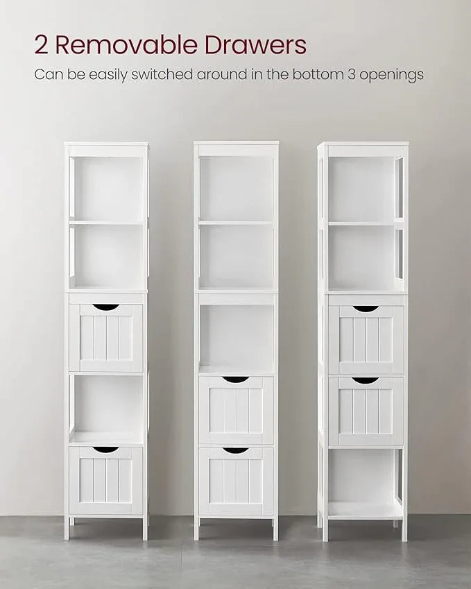 VASAGLE Storage Cabinet, Storage Organizer Rack Stand for Bathroom, Living Room, Bedroom, Multifunctional Corner Unit, 2 Drawers, 55.7 Inches in Height, White UBBC66WT - ModernBath