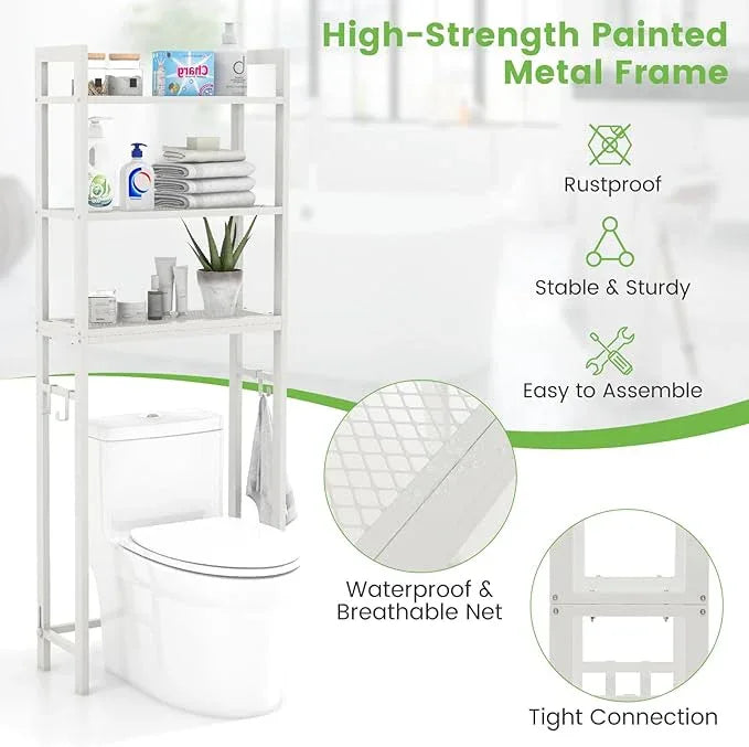 Giantex Over The Toilet Storage Shelf, 3-Tier Freestanding Space Saver Above Toilet Shelves with 3 Hooks & Adjustable Bottom Bar, Over Toilet Bathroom Organizer for Restroom, Laundry (White) - ModernBath