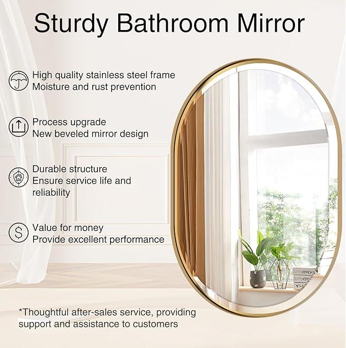POZINO Oval Mirror Over Sink, Brushed Gold Beveled Bathroom Mirror, 22"x30" Vanity Wall Mirrors with Stainless Steel Frame, Brass Modern Rounded Mirrors for Bedroom Living Room Entryway - ModernBath