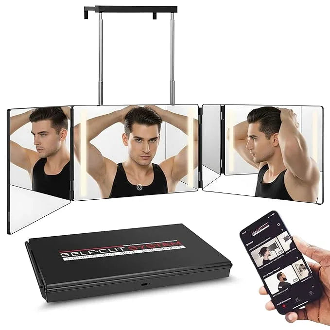 Self-Cut System 3 Way Mirror with LED Lights – Trifold Self Cut Barber Mirror for Men and Women, 360 View for Easy Haircuts, Travel Friendly - Three Way Design for Grooming and Styling - ModernBath