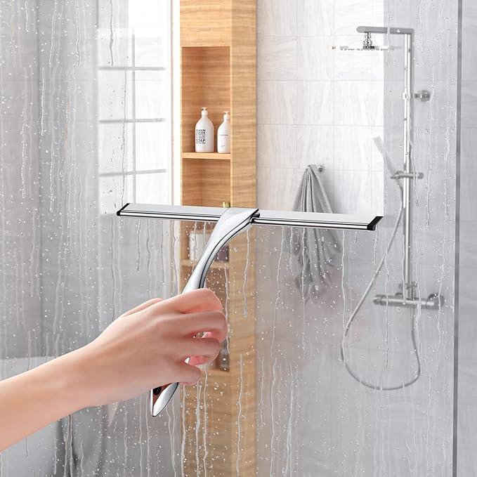 Shower Squeegee for Glass Door 12-Inch Stainless Steel Bathroom Squeegee Window Wiper, 100% Streak-Free, Includes Shower Door Hook and Adhesive Hook, for Window Mirror Tiles Car All-Purpose Squeegee - ModernBath