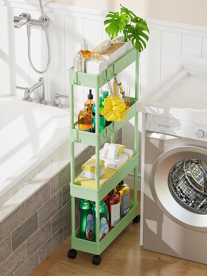 LEHOM 5.1" Slim Storage Cart - 4 Tiers Bathroom Organizer Mobile Shelving Unit Storage Rolling Utility Cart Slide Out Organizer for Kitchen Bathroom Laundry Narrow Places, Green - ModernBath