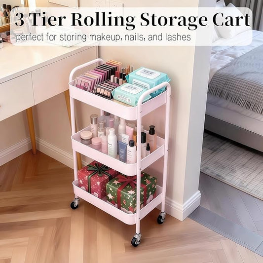 3 Tier Pink Rolling Cart for Nursery & Laundry Room with Handle & 4 Hooks, Metal Kitchen Storage Cart on Wheels and Lockable Casters, Large Capacity Sturdy Trolley for Lash Craft Bathroom