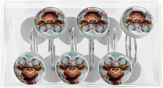 Easter Highland Cows and Florals Shower Curtain Hooks 12Pcs, Decorative Rust Resistant Shower Rings for Shower Curtain Rods, Stainless Steel Round Curtain Hooks for Bathroom, Bedroom, Farmhouse - ModernBath