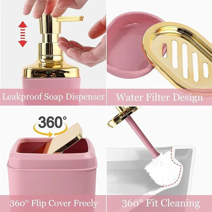 XLHOMO Pink Bathroom Set, Bathroom Sets with Stripe Shower Curtain, Pink and Gold Bathroom Accessories with Trash Can, Soap Dispenser, Soap Dish, Toilet Brush Holder, Qtip Holders for Bathroom - ModernBath