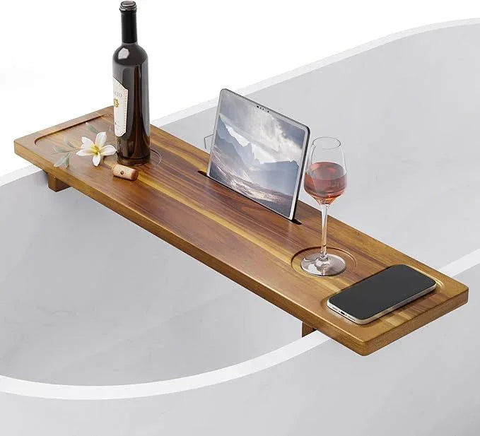 LotusSway Bathtub Tray, Acacia Bath Tray for Tub, 34.6''x9'' Wooden Bathtub Caddy Tray with Adjustable Legs Fit Various Bathtubs, Anti-Tipping, Sustainable Bath Table with Wine Glass and Tablet Holder - ModernBath