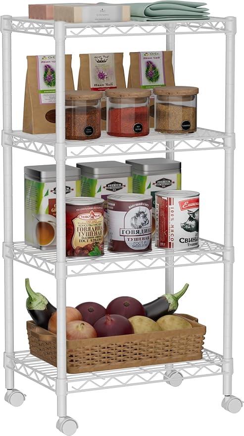 Small 4 Tier Shelves Storage Wire Shelving Unit Metal Shelf Adjustable Organizers Storage Shelving with Wheels for Bathroom Laundry Room Kitchen Pantry12”D x 18”W x 44.8”H White - ModernBath