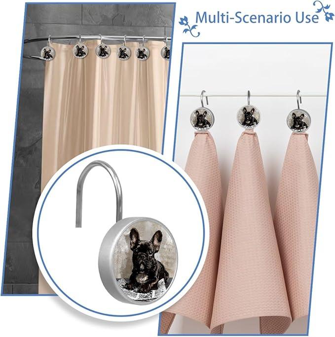 French Bulldog Dog Shower Curtain Hooks Rings, Stainless Steel Rust Proof Shower Curtain Hooks, Decorative Shower Hooks for Bathroom Shower Rods Curtains, Set of 12 - ModernBath