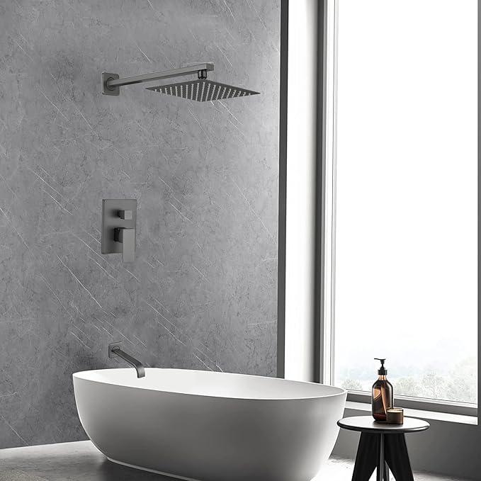 Heable Grey Shower Faucet Set with Tub Spout Bathroom Luxury Rain Mixer Shower Head System Wall Mounted Shower Faucet Complete, Single Handle Tub and Shower Trim Kit with Rough-in Valve - ModernBath