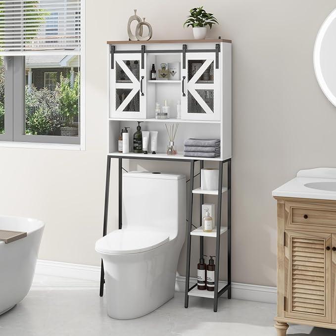 Vabches Over The Toilet Storage Cabinet, Farmhouse Storage Cabinet Over Toilet with Sliding Barn Door，Home Space-Saving Toilet Rack, for Bathroom, Restroom, Laundry White - ModernBath