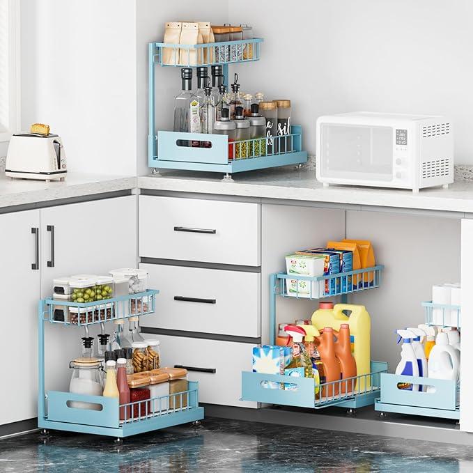 Under Sink Organizer Storage 2-Tier Premium Metal Pull-Out Racks, Height Adjustable, Heavy Dut and Easy Installation for Kitchen & Bathroom Organizers 1 Pack Teal - ModernBath