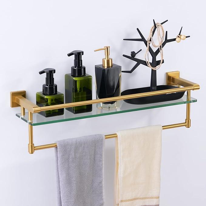 Bathroom Glass Shelf with Towel Bar/Rack 24 inches Wall-Mounted Shelves Tempered Glass Sink Toilet Organizer Shower Towel Decorative Storage (Polished Gold Finish) - ModernBath