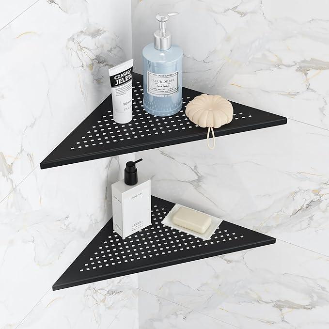 2 Pack Bathroom Corner Shelf, Recessed 12" Corner Shower Shelf, SUS304 Stainless Steel Triangular Wall Mount, No Drilling, Matte Black - ModernBath