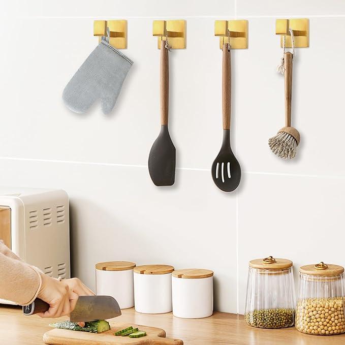IBosins 4 Pack Towel Hooks Hand Towel Holder for Bathroom Wall Livingroom Bedroom Kitchen Closet Heavy Duty Stainless Steel Hook Hanger for Robe, Bath Towel, Coat (Square Brushed Gold) - ModernBath
