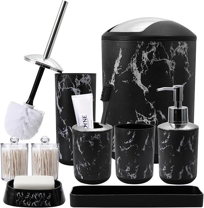 XLHOMO Black Marble Bathroom Accessories Set, Black Bathroom Set with Trash Can, Vanity Tray, Soap Dispenser, Soap Dish, Toothbrush Holder, Toothbrush Cup, Toilet Brush and Qtip Holders for Bathroom - ModernBath