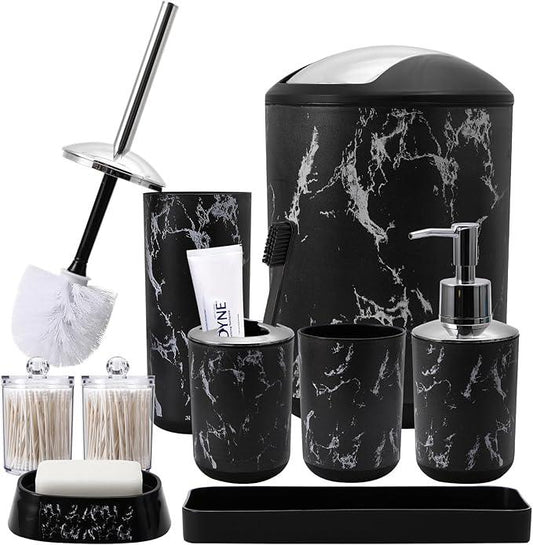 XLHOMO Black Marble Bathroom Accessories Set, Black Bathroom Set with Trash Can, Vanity Tray, Soap Dispenser, Soap Dish, Toothbrush Holder, Toothbrush Cup, Toilet Brush and Qtip Holders for Bathroom - ModernBath