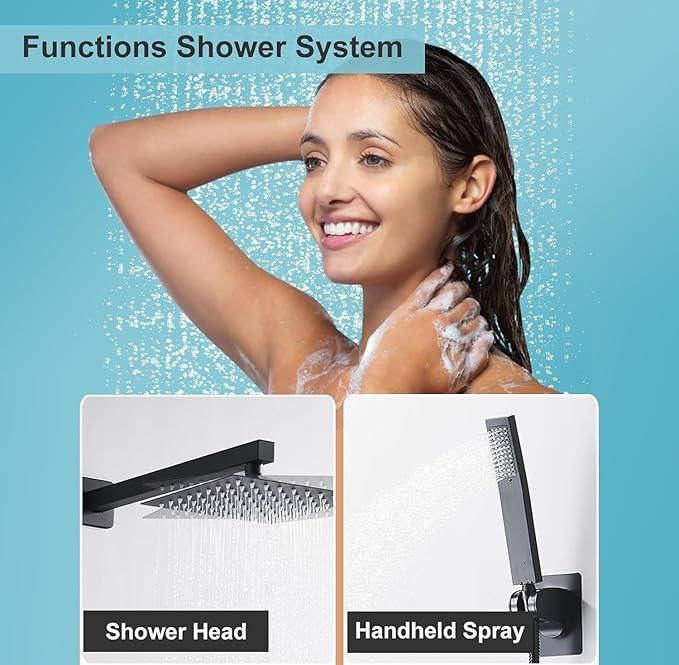 RTTWYYUU Matte Black Shower Head and Handle Set 10 Inch, Rain Shower Head with 2 Hooks, Luxury Rain Shower Set Square Wall Mount for Bathroom with Rain Shower and Handheld Shower System - ModernBath