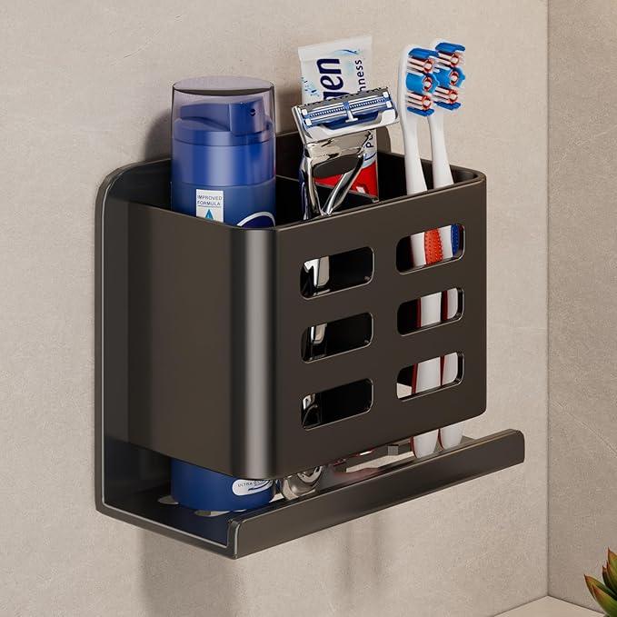 YESENT Black Wall-Mounted Toothbrush Holder, Aluminum Material Shower Shaver Storage Rack, No Drilling Required, Removable Toothpaste Storage Rack - ModernBath