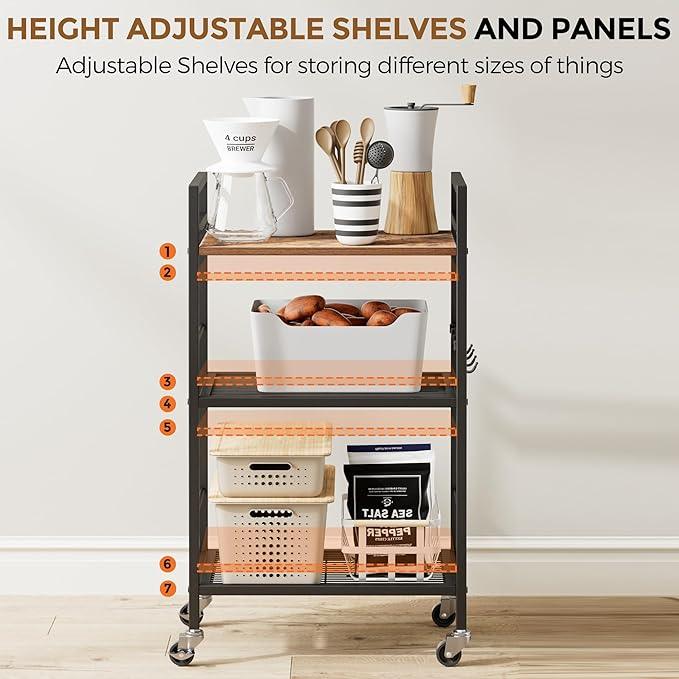 3-Tier Metal Storage Rack with Industrial Wheels,Mesh Shelving Unit with Wooden Table top,Adjustable Shelf,16.9-Inch Width,for Kitchen,Laundry,Pantry,Plant,Black - ModernBath