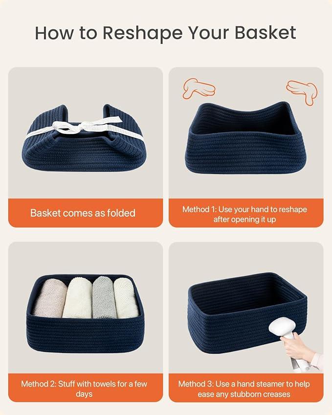 Small Woven Basket, 12 x 8 x 4.5 Inches, Storage Basket for Organizing, Cute Small Rope Shelf Closet Cube Storage Bins Baskets for Shelves, Dog Toy Gift Baskets Empty, 3 Packs, Navy Blue - ModernBath