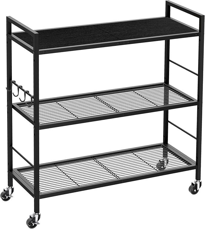 3-Tier Metal Storage Rack with Industrial Wheels,Mesh Shelving Unit with Wooden Table top,Adjustable Shelf,31.5-Inch Width, for Kitchen, Laundry,Pantry,Plant,Black panel and black frame - ModernBath