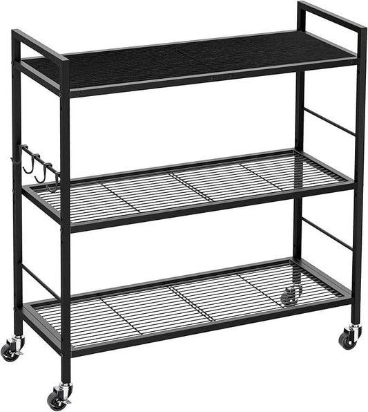 3-Tier Metal Storage Rack with Industrial Wheels,Mesh Shelving Unit with Wooden Table top,Adjustable Shelf,31.5-Inch Width, for Kitchen, Laundry,Pantry,Plant,Black panel and black frame - ModernBath