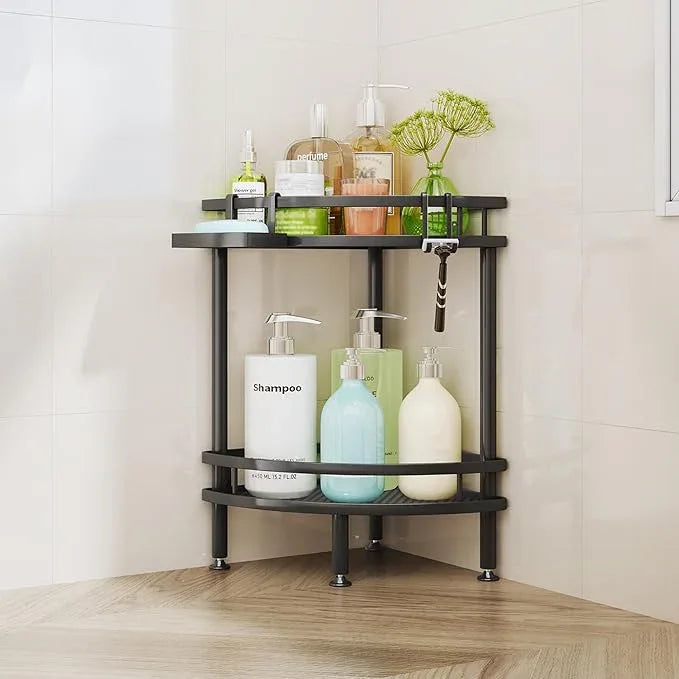 HapiRm Standing Corner Shower Caddy - 2 Tier Shower Organizer Corner with Soap Holder and 2 Hooks, Rustproof Bathroom Storage Shelves with Adhesives, Black - ModernBath