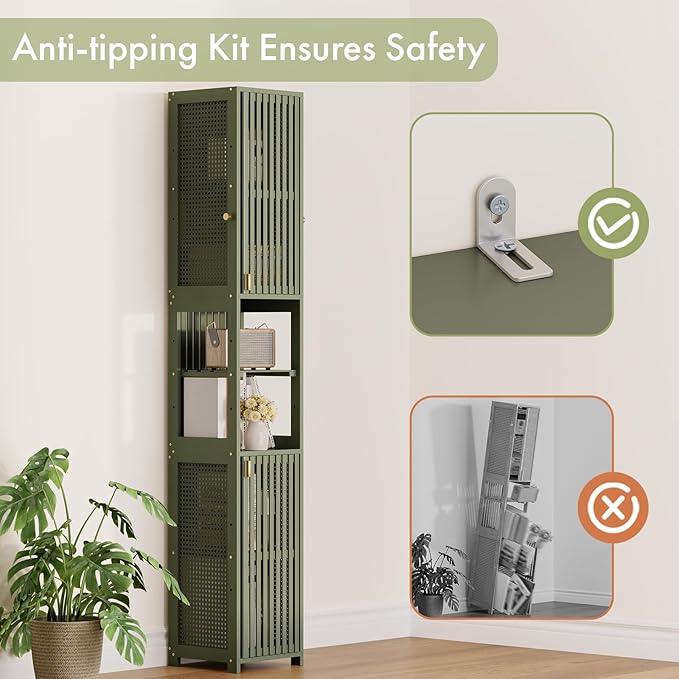 Amazer 70'' Tall Bathroom Storage Cabinet Bamboo, Slim Storage Cabinet with Rattan Door and Adjustable Shelves, Narrow Freestanding Organizer for Living Room Kitchen, Forest Green - ModernBath