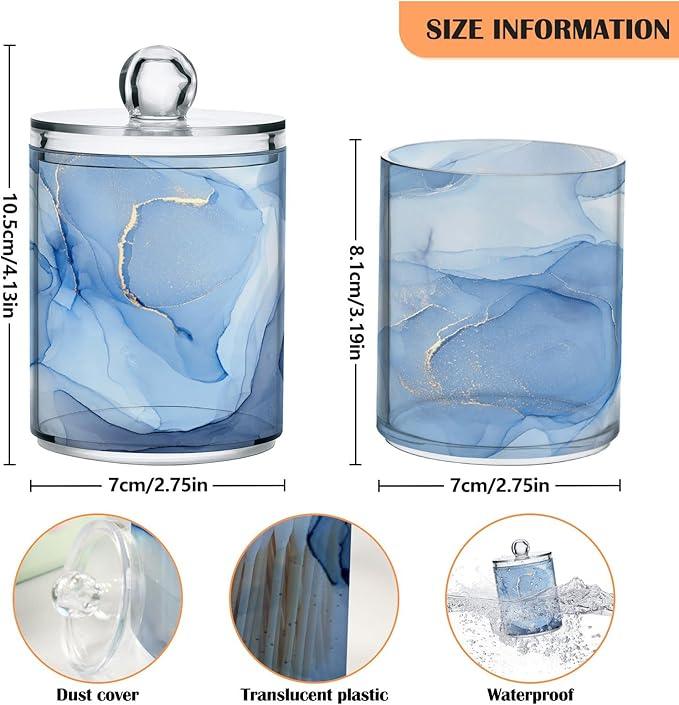 BOENLE 2 Pack Qtip Holder Dispenser Blue Marble Bathroom Storage Canister Lid Acrylic Plastic Apothecary Jar Set Vanity Makeup Organizer for Cotton Swabs/Pads/Floss - ModernBath