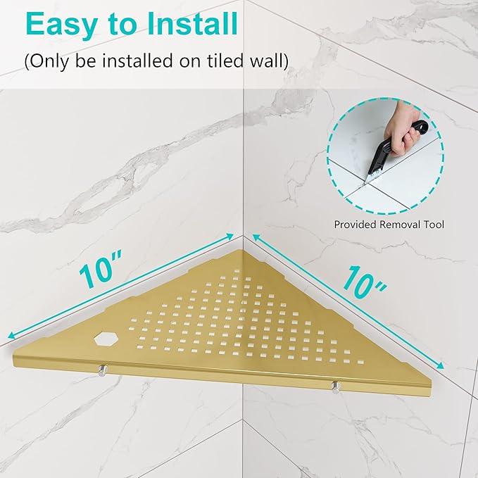 10" Bathroom Corner Shelf, 2 Pack Recessed Shower Shelf Caddy, SUS304 Stainless Steel Shelf Wall Mount Triangular, No Drilling Brushed Golden - ModernBath