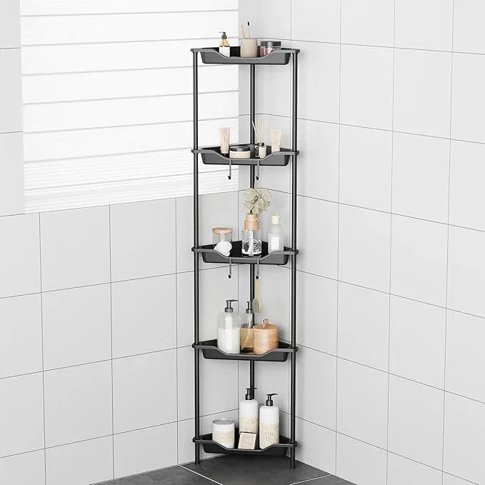 ODesign 5 Tier Floor Standing Corner Shower Caddy Organizer, Plastic Metal Floor Corner Shelf Storage Rack for Bathroom Black- Rustproof - ModernBath