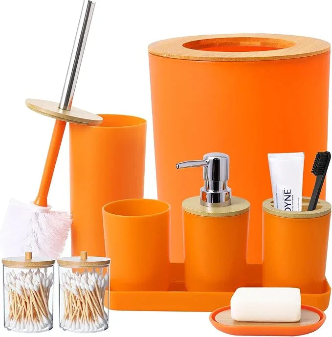 SLDIYWOW 9 Pieces Orange Bathroom Accessory Set, Plastic Bathroom Accessories Set with Trash Can,Soap Dispenser,Toothbrush Holder,Toothbrush Cup,Soap Dish,Toilet Brush and Q-tip Holders for Bathroom - ModernBath