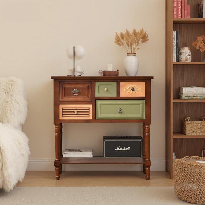 Vintage Accent Cabinet with 5 Drawers and Open Shelf, Multi-Tone Console Table with Turned Wood Legs, Mid-Century Entryway Table for Hallway or Living Room - ModernBath