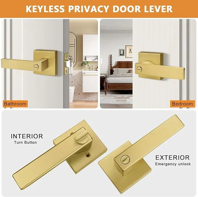 Probrico Gold Privacy Door Handle Lockset Heavy Duty Interior Door Lever for Bedroom Reversible Keyless Handleset Door Knob 1 Pack - ModernBath