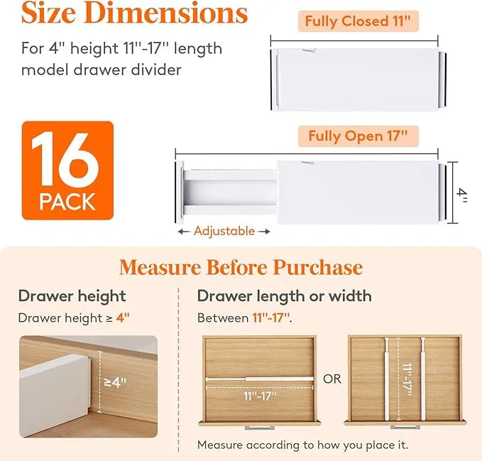Lifewit 16 Pack Drawer Dividers 4" High, 11-17" Adjustable Drawer Organizers for Clothes, Expandable Dresser Separators in Bedroom/Bathroom/Kitchen/Fridge/Office Organization and Storage,White - ModernBath
