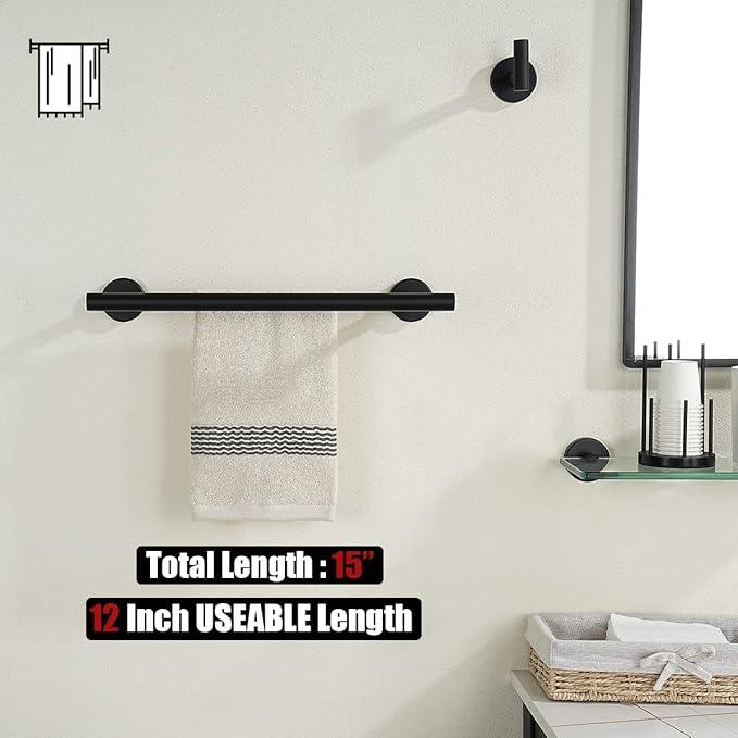 JQK Double Towel Bar Black, 15 Inch 304 Stainless Steel Thicken 0.8mm Towel Rack Holder for Bathroom Washcloths and Hand Towels, Matte Black Wall Mount, Useable Length 12 Inch, TB100L12-PB - ModernBath