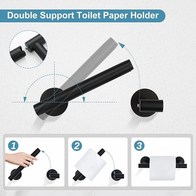 TQKAG 8-Pieces Bathroom Hardware Set Matte Black SUS304 Stainless Steel Bath Towel Bar Set 23.6 Inch Round Bathroom Accessories Kit Wall Mounted - ModernBath