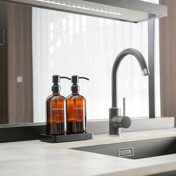 Prus Waso Amber Soap Dispenser Set, Soap Dispenser for Kitchen Sink with Black Stainless Steel Pump, Perfect for Kitchen Accessories Decor. (Amber) - ModernBath